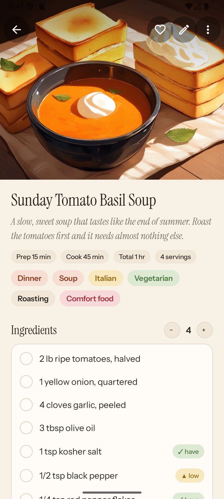 A Ladle recipe page with ingredient rows showing spice rack badges