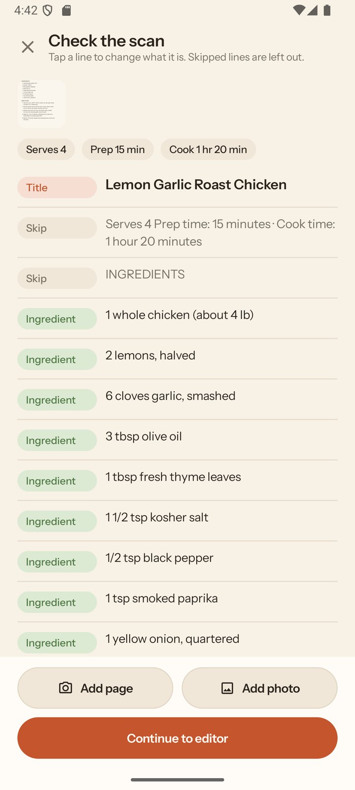The scan review screen: lines read from a cookbook page, each labelled title, ingredient or step