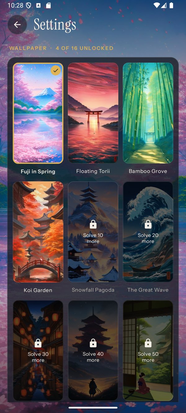 The Settings screen showing the wallpaper grid with locked scenes and how many puzzles each needs