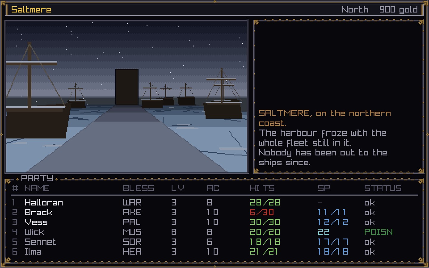 Saltmere's quay at night, looking out over the frozen harbour with ships standing in the ice
