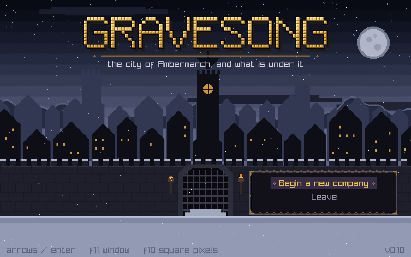 The Gravesong title screen: gold pixel lettering over a snowbound city skyline and a sealed gate