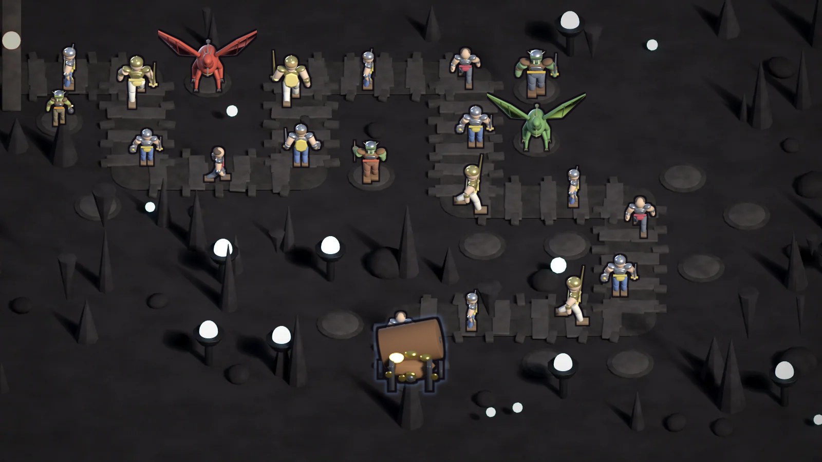 Red dragons and orc blademasters defend a torch-lit cave gallery