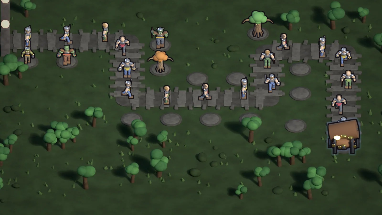 Treants and orc archers line a forest road as knights and rangers advance