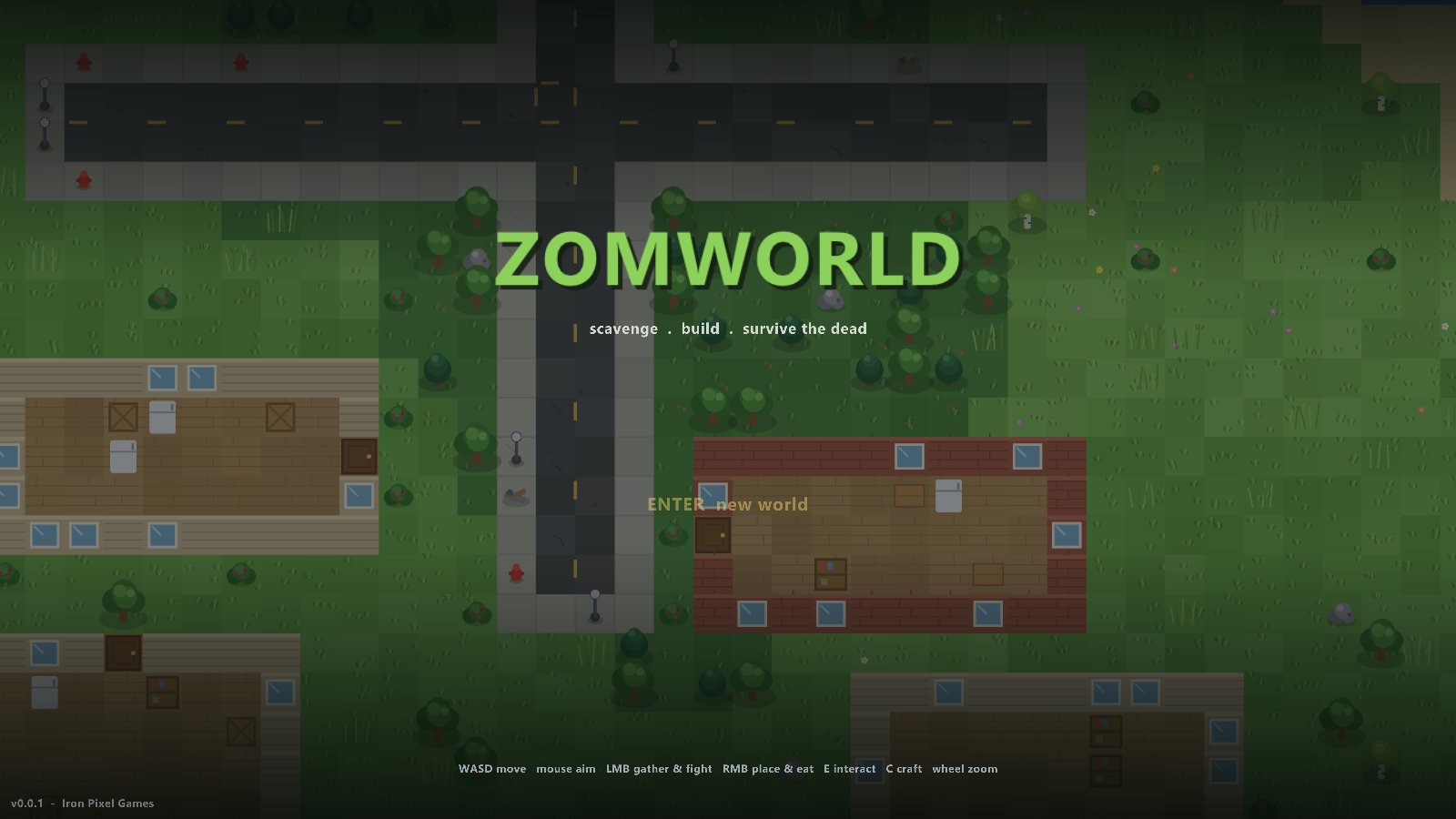 The ZomWorld title screen over an aerial view of a generated town